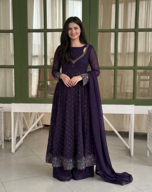 Navy Blue Sequin Anarkali Suit with Dupatta for Party Wear