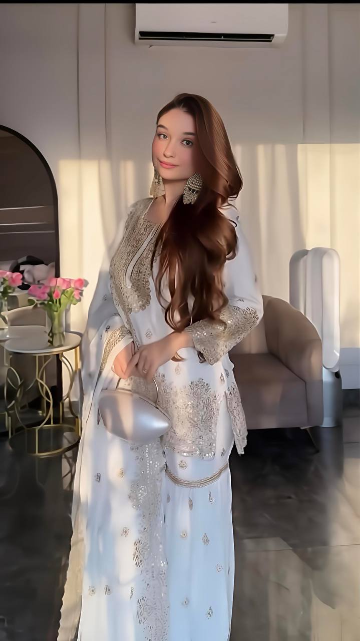 Flattering Chinnon Silk White Color Sharara Suit Set