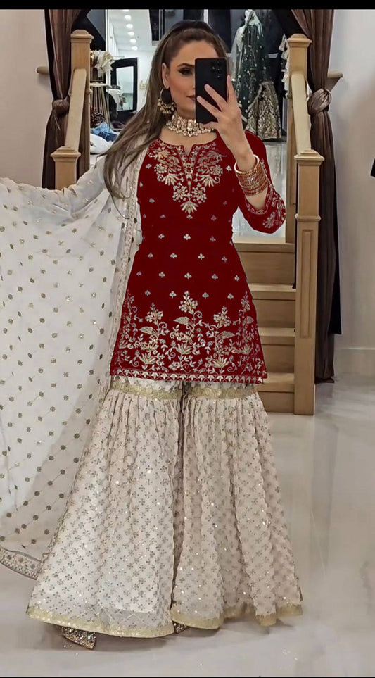 Full Heavy Embroidered Red Georgette Sharara Suit with Dupatta