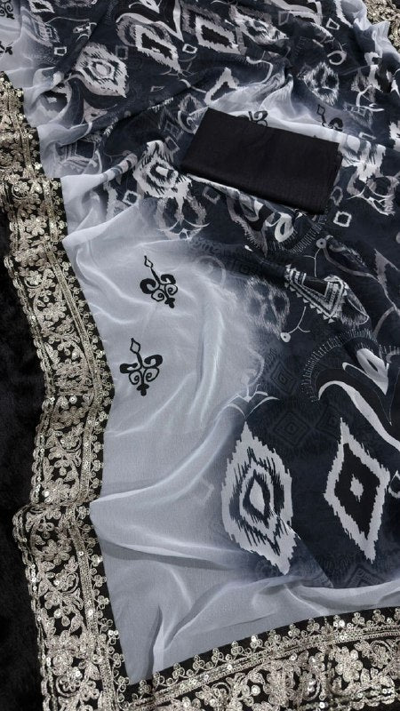 Georgette Digital Print With Embroidery Lace Codding & Sequins Work Saree