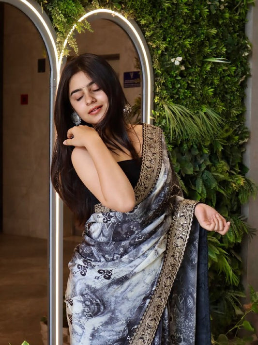 Georgette Digital Print With Embroidery Lace Codding & Sequins Work Saree