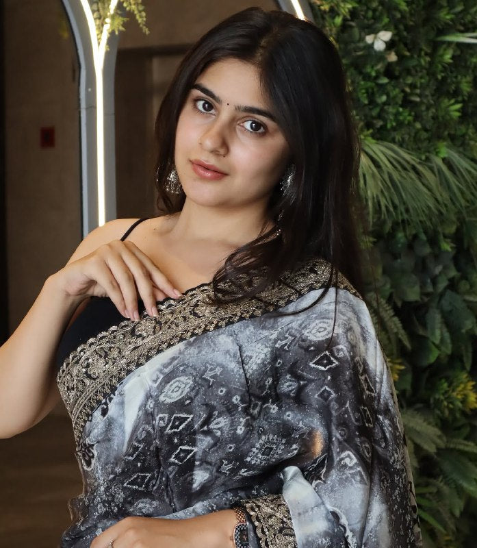 Georgette Digital Print With Embroidery Lace Codding & Sequins Work Saree