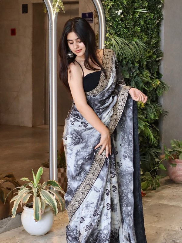 Georgette Digital Print With Embroidery Lace Codding & Sequins Work Saree