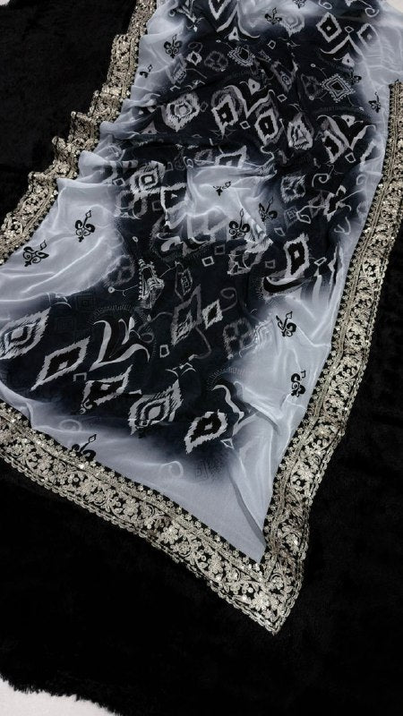 Georgette Digital Print With Embroidery Lace Codding & Sequins Work Saree