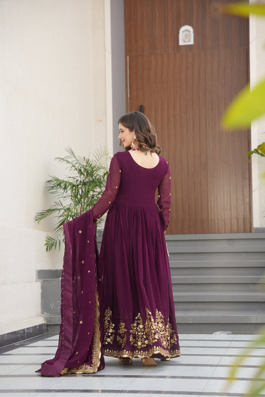 Georgette Embroidered Wine Gown For Women