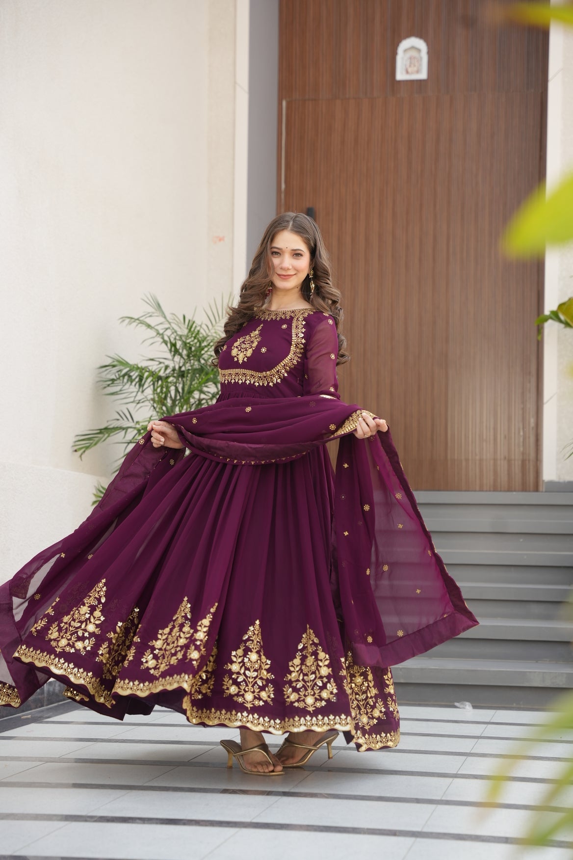 Georgette Embroidered Wine Gown For Women