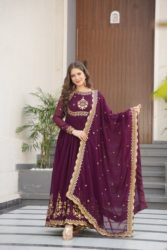 Georgette Embroidered Wine Gown For Women