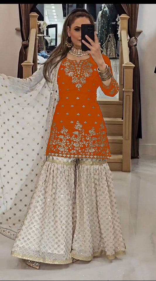Graceful Mustered Georgette Sharara Suit with Heavy Embroidery For Party & Reception Look