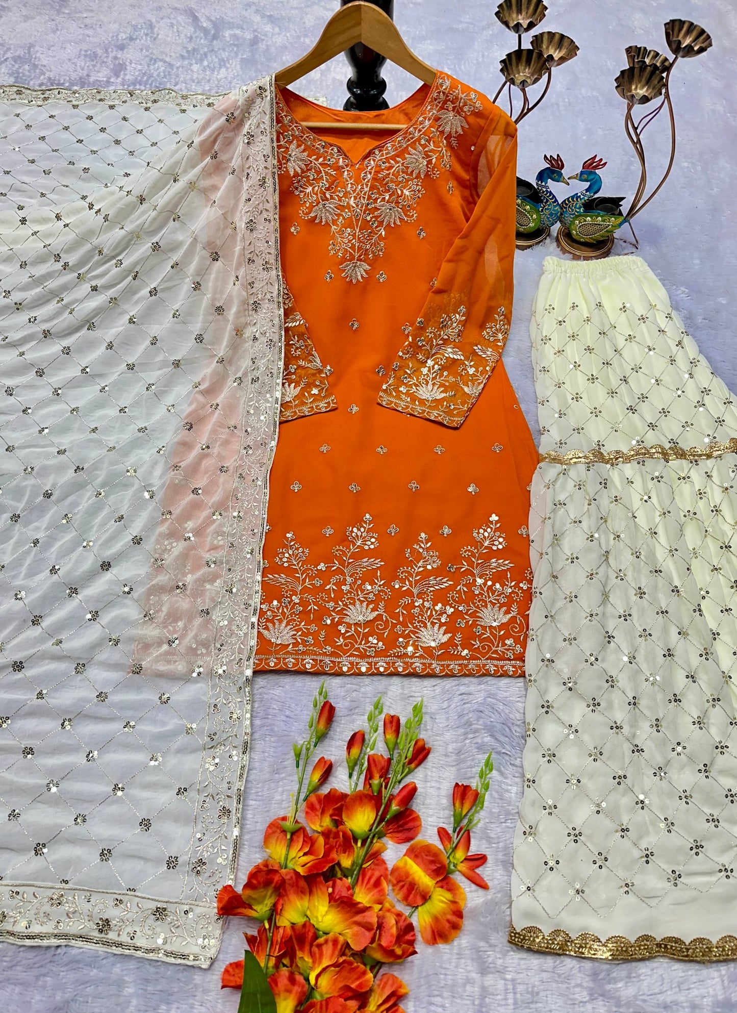 Graceful Mustered Georgette Sharara Suit with Heavy Embroidery For Party & Reception Look