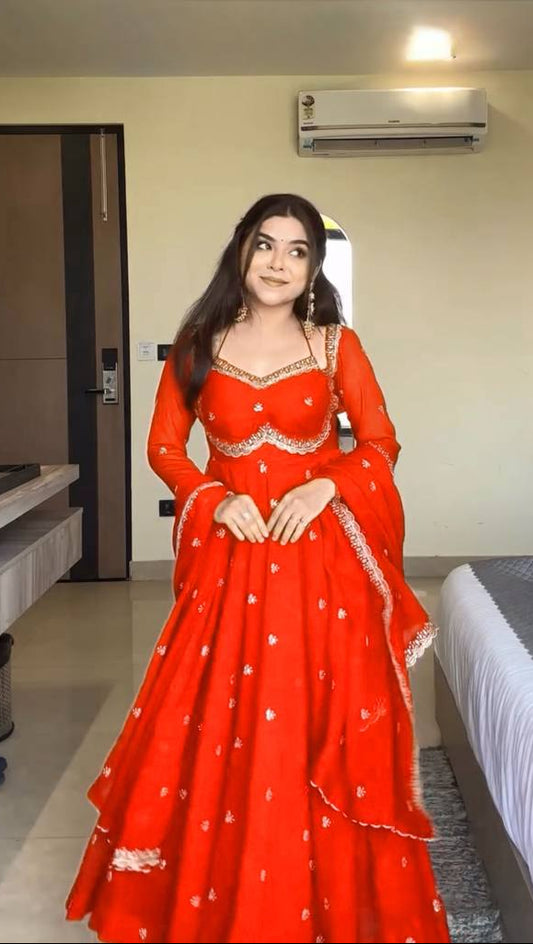 Graceful Orange Embroidered Anarkali Suit with Dupatta For Wedding & Festive