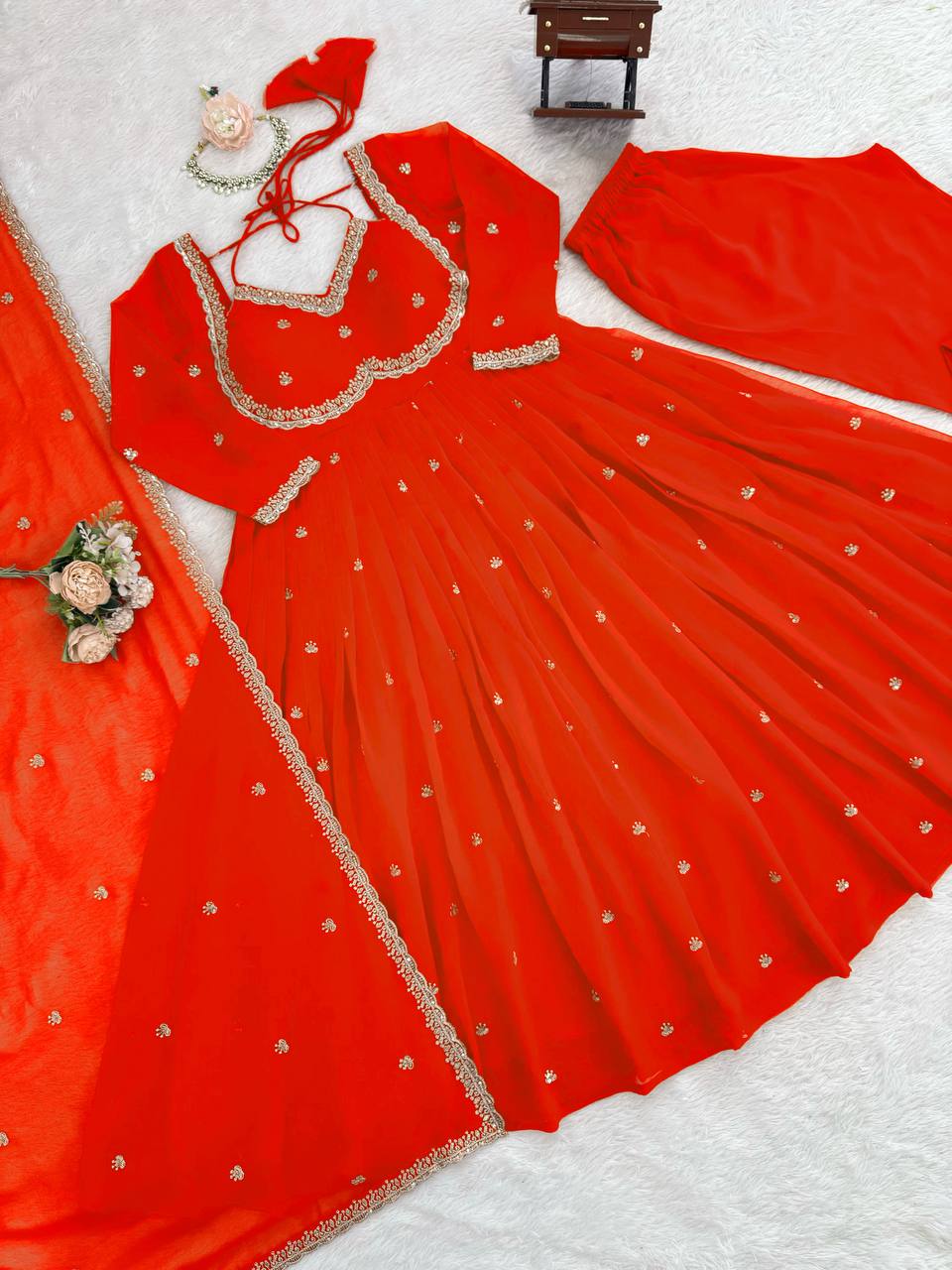 Graceful Orange Embroidered Anarkali Suit with Dupatta For Wedding & Festive