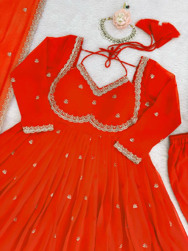 Graceful Orange Embroidered Anarkali Suit with Dupatta For Wedding & Festive