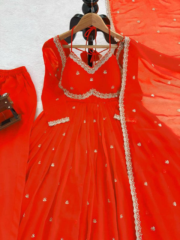 Graceful Orange Embroidered Anarkali Suit with Dupatta For Wedding & Festive