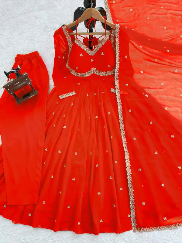 Graceful Orange Embroidered Anarkali Suit with Dupatta For Wedding & Festive