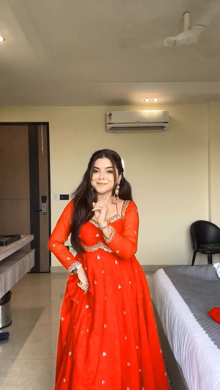 Graceful Orange Embroidered Anarkali Suit with Dupatta For Wedding & Festive