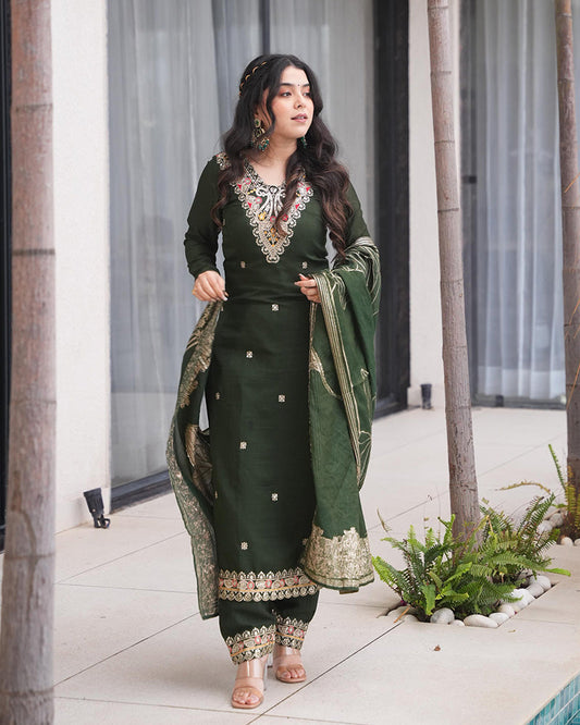 Green Color Roman Silk Embroidered Three Piece Palazzo Set