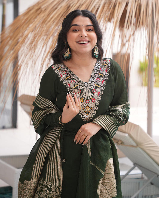 Green Color Roman Silk Embroidered Three Piece Palazzo Set