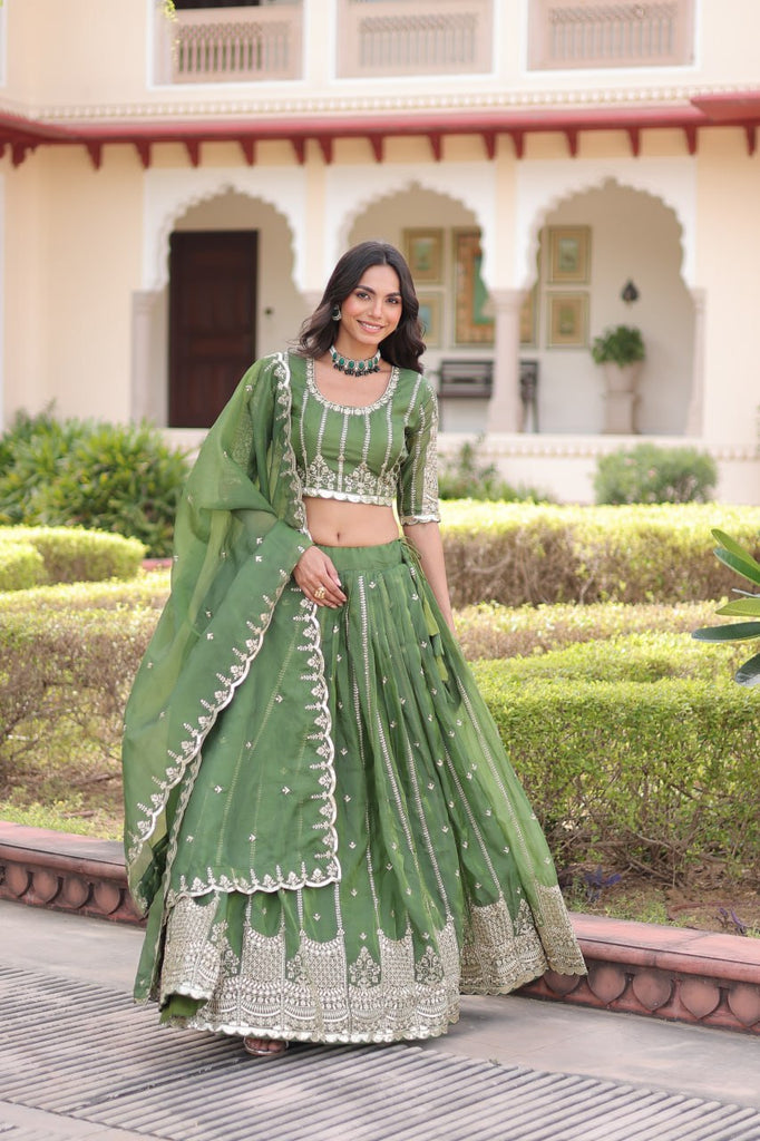 Green Designer Gold Crush Sequins & Zari Embroidered Lehenga Choli Set with 3-Meter Flair & Lace Border Dupatta – Semi-Stitched Festive & Wedding Wear