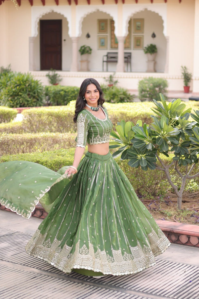 Green Designer Gold Crush Sequins & Zari Embroidered Lehenga Choli Set with 3-Meter Flair & Lace Border Dupatta – Semi-Stitched Festive & Wedding Wear