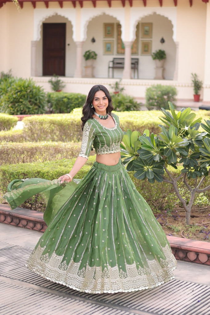 Green Designer Gold Crush Sequins & Zari Embroidered Lehenga Choli Set with 3-Meter Flair & Lace Border Dupatta – Semi-Stitched Festive & Wedding Wear