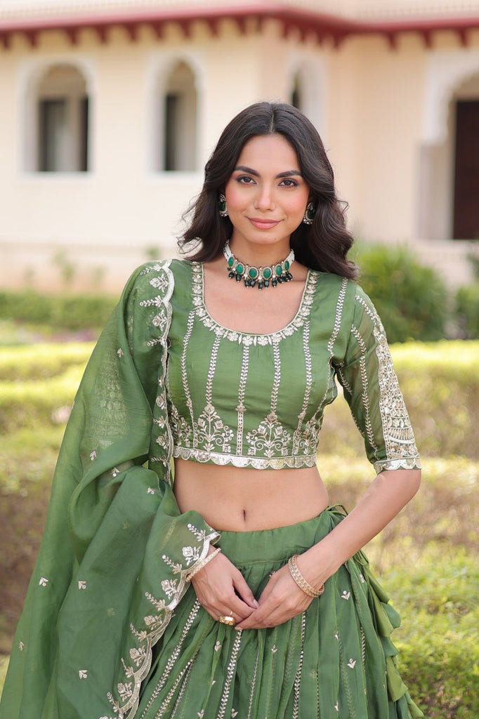 Green Designer Gold Crush Sequins & Zari Embroidered Lehenga Choli Set with 3-Meter Flair & Lace Border Dupatta – Semi-Stitched Festive & Wedding Wear