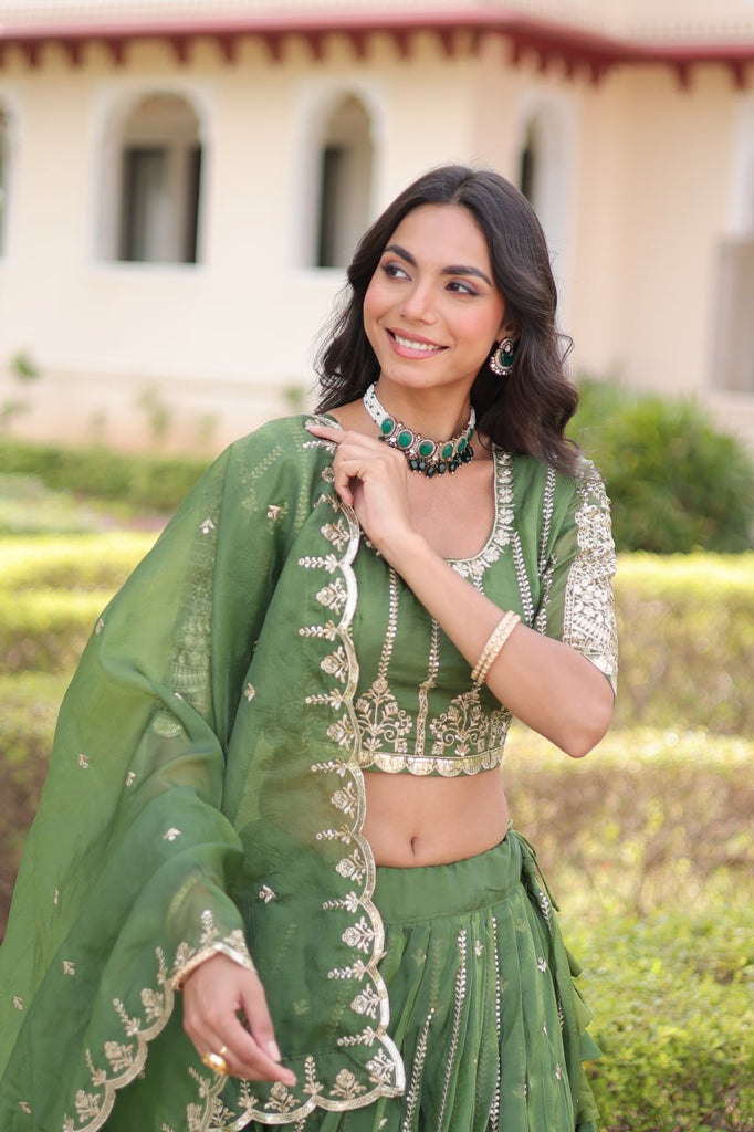 Green Designer Gold Crush Sequins & Zari Embroidered Lehenga Choli Set with 3-Meter Flair & Lace Border Dupatta – Semi-Stitched Festive & Wedding Wear