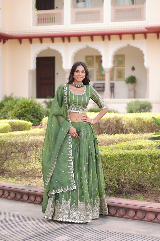 Green Designer Gold Crush Sequins & Zari Embroidered Lehenga Choli Set with 3-Meter Flair & Lace Border Dupatta – Semi-Stitched Festive & Wedding Wear
