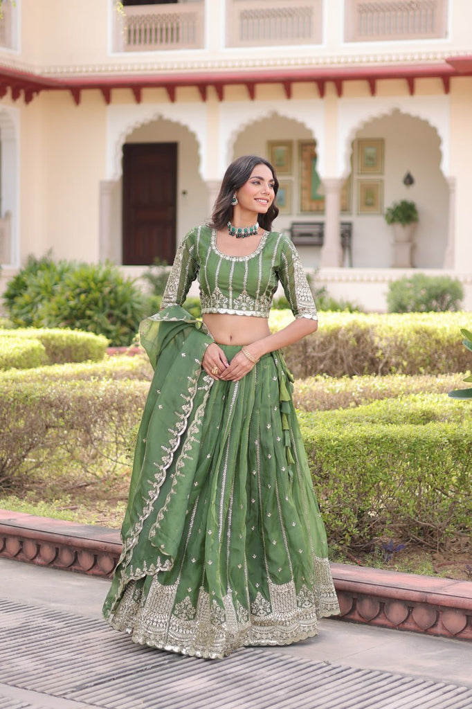 Green Designer Gold Crush Sequins & Zari Embroidered Lehenga Choli Set with 3-Meter Flair & Lace Border Dupatta – Semi-Stitched Festive & Wedding Wear