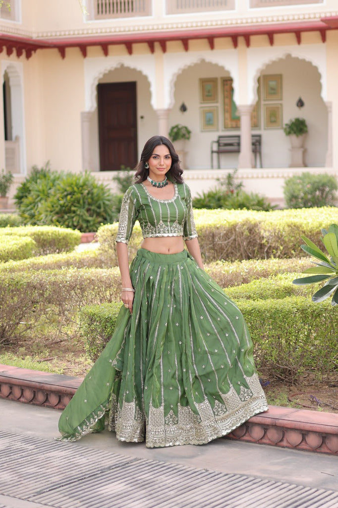Green Designer Gold Crush Sequins & Zari Embroidered Lehenga Choli Set with 3-Meter Flair & Lace Border Dupatta – Semi-Stitched Festive & Wedding Wear
