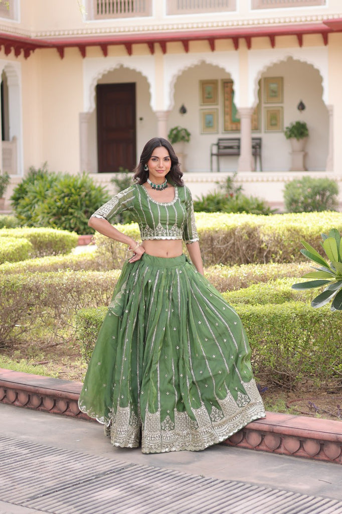 Green Designer Gold Crush Sequins & Zari Embroidered Lehenga Choli Set with 3-Meter Flair & Lace Border Dupatta – Semi-Stitched Festive & Wedding Wear