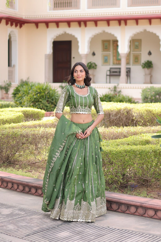Green Designer Gold Crush Sequins & Zari Embroidered Lehenga Choli Set with 3-Meter Flair & Lace Border Dupatta – Semi-Stitched Festive & Wedding Wear