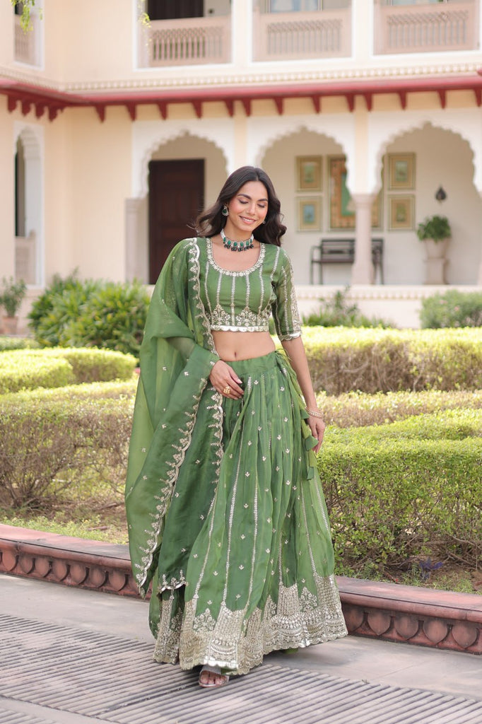 Green Designer Gold Crush Sequins & Zari Embroidered Lehenga Choli Set with 3-Meter Flair & Lace Border Dupatta – Semi-Stitched Festive & Wedding Wear