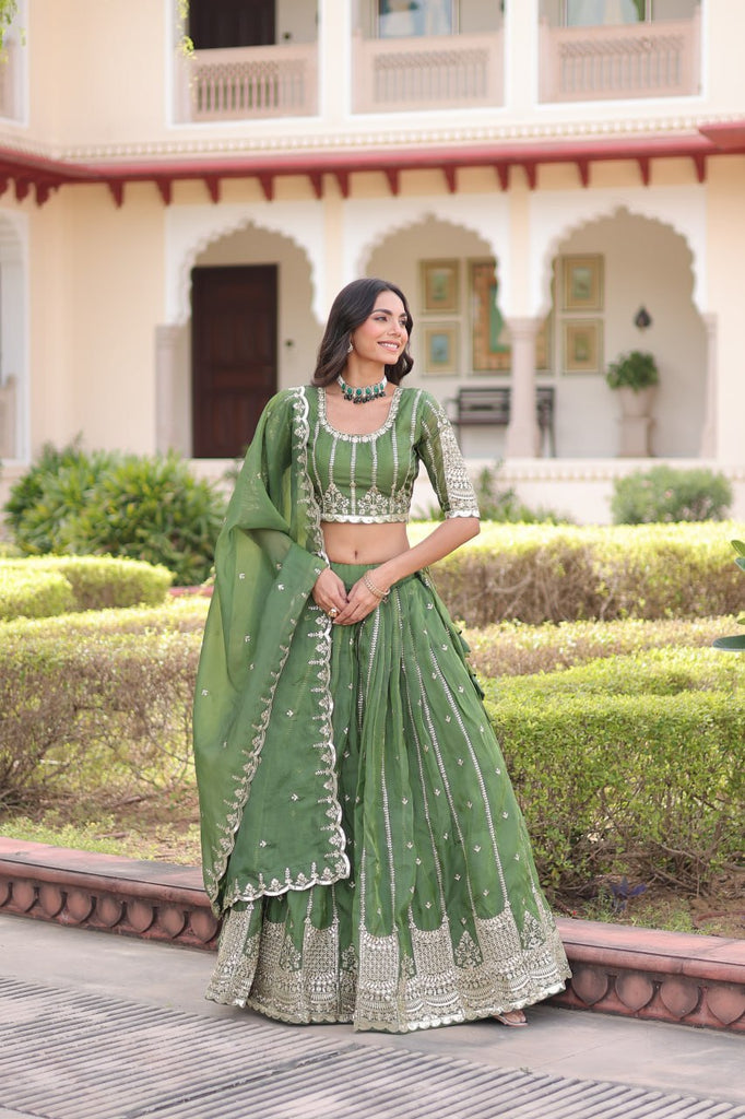 Green Designer Gold Crush Sequins & Zari Embroidered Lehenga Choli Set with 3-Meter Flair & Lace Border Dupatta – Semi-Stitched Festive & Wedding Wear