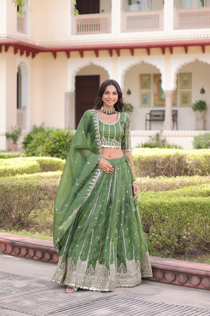 Green Designer Gold Crush Sequins & Zari Embroidered Lehenga Choli Set with 3-Meter Flair & Lace Border Dupatta – Semi-Stitched Festive & Wedding Wear
