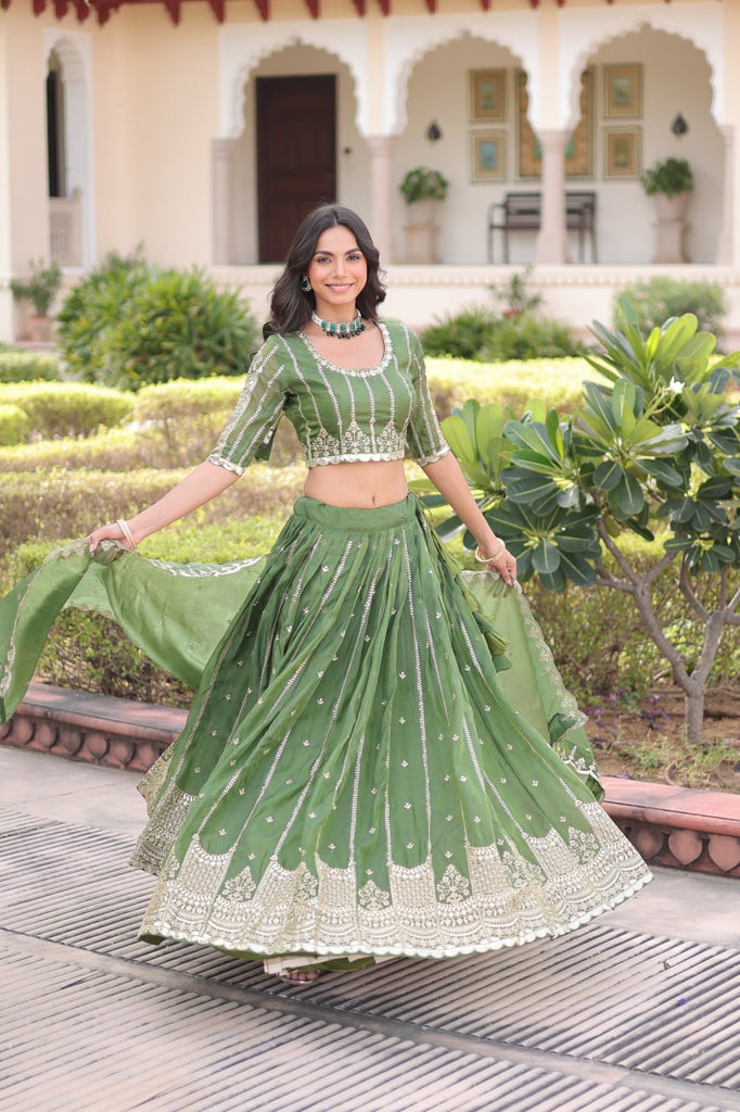 Green Designer Gold Crush Sequins & Zari Embroidered Lehenga Choli Set with 3-Meter Flair & Lace Border Dupatta – Semi-Stitched Festive & Wedding Wear