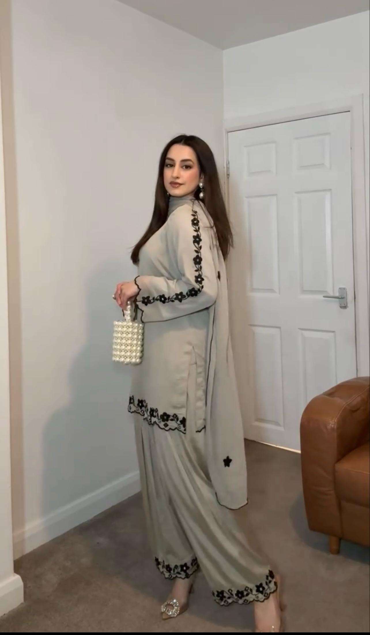 Grey Party Wear Look Top With Farshi Palazzo in Georgette With Embroidery and Real Mirror