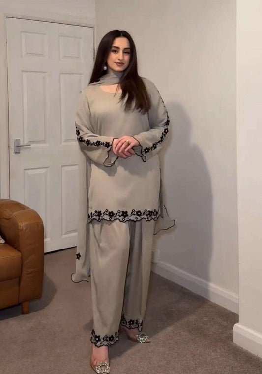 Grey Party Wear Look Top With Farshi Palazzo in Georgette With Embroidery and Real Mirror