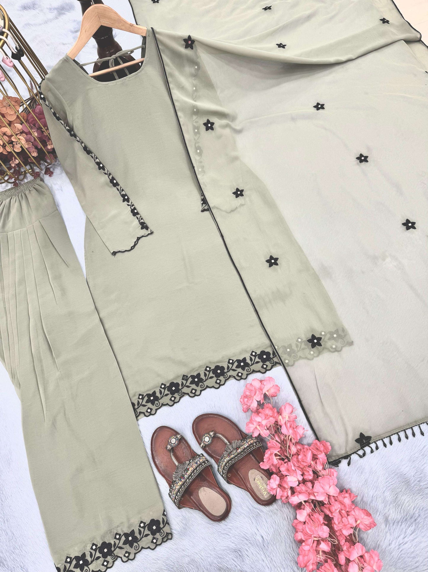 Grey Party Wear Look Top With Farshi Palazzo in Georgette With Embroidery and Real Mirror