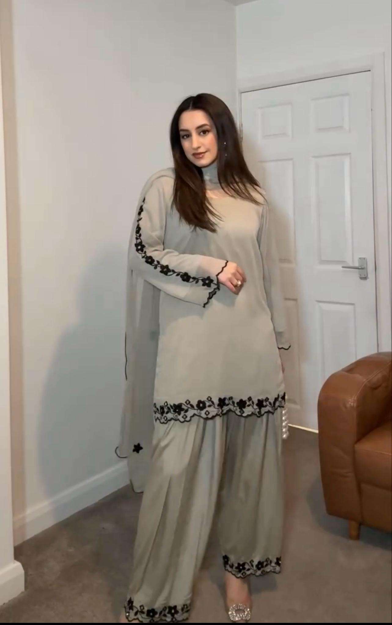 Grey Party Wear Look Top With Farshi Palazzo in Georgette With Embroidery and Real Mirror