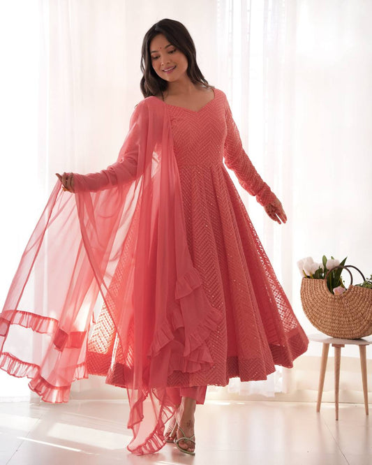 Incredible Peach Lucknawi Work Georgette Anarkali Suit With Ruffle Dupatta