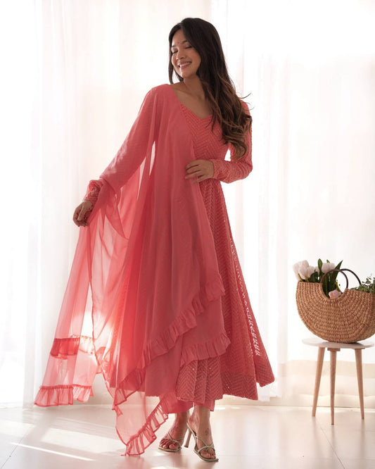 Incredible Peach Lucknawi Work Georgette Anarkali Suit With Ruffle Dupatta