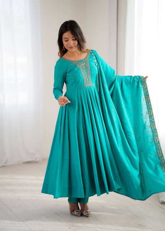 Ishya Blue Pure Chanderi Silk Three Piece Anarkali Suit Set With Dupatta