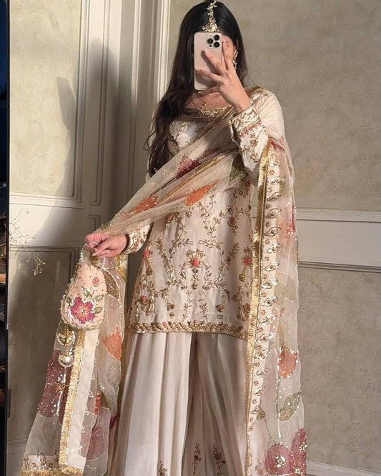 Ivory Blossom Embroidered Sharara Suit Set with Floral Dupatta