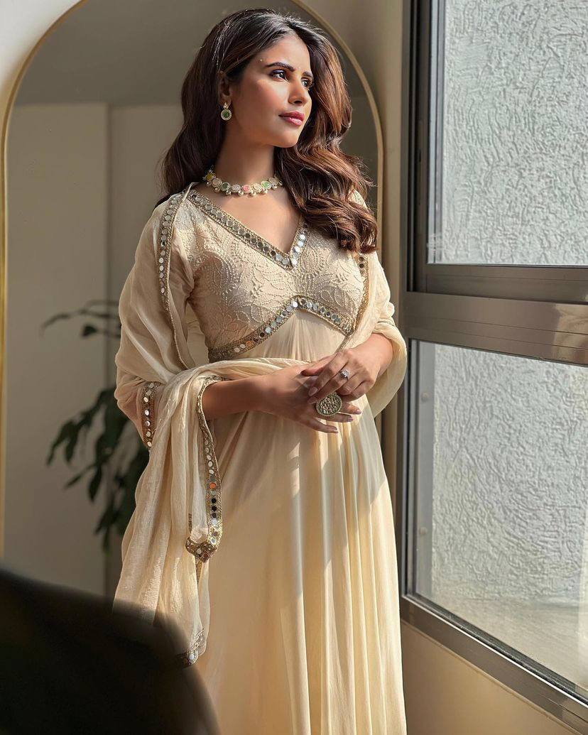 Ivory Party Wear Embroidery Chikankari Work & Real Mirror Work Anarkali Gown For Women