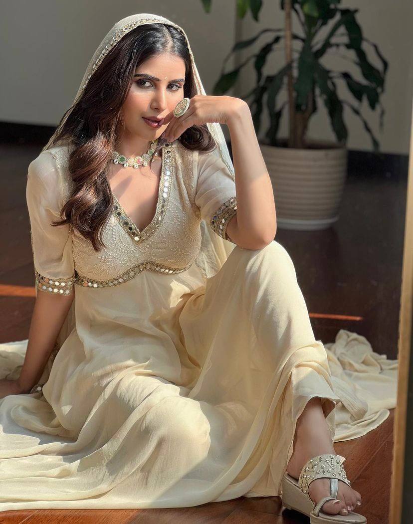 Ivory Party Wear Embroidery Chikankari Work & Real Mirror Work Anarkali Gown For Women