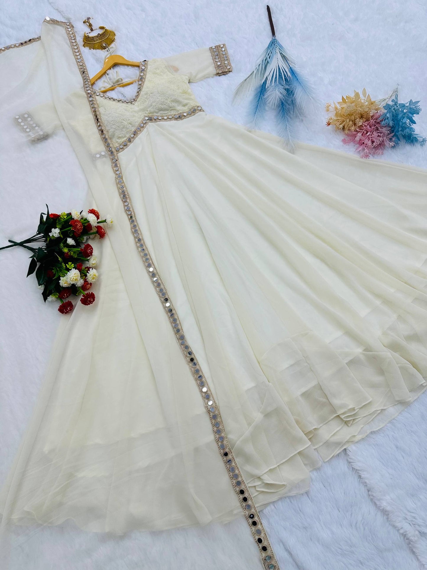 Ivory Party Wear Embroidery Chikankari Work & Real Mirror Work Anarkali Gown For Women