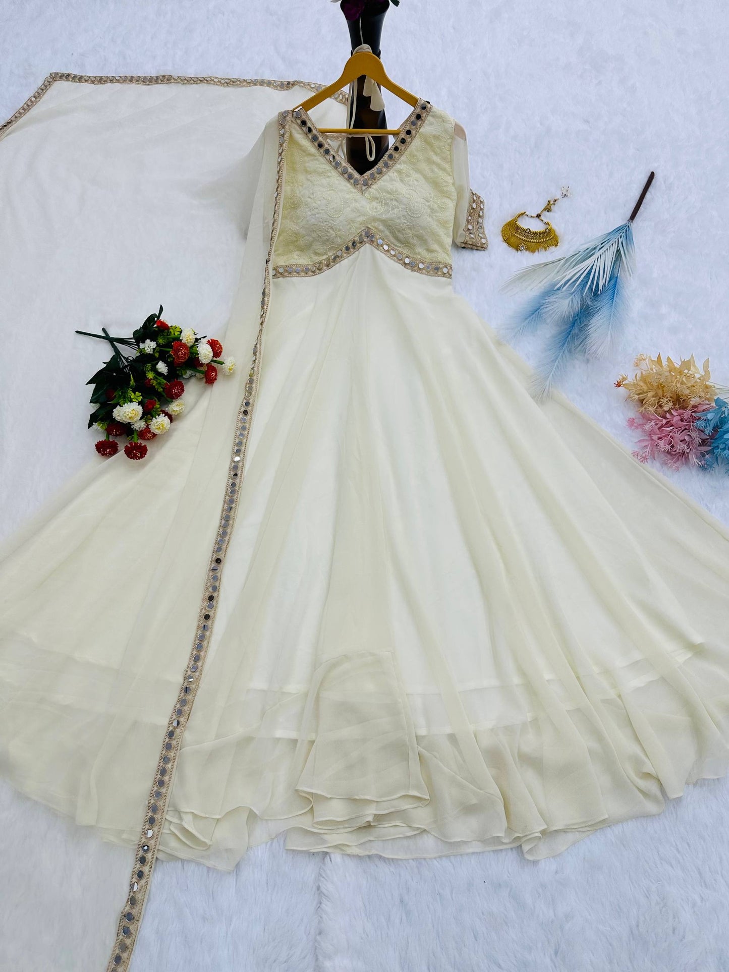 Ivory Party Wear Embroidery Chikankari Work & Real Mirror Work Anarkali Gown For Women