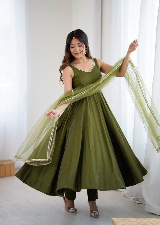 Jasmin Mahendi Color Roman Silk Anarkali Suit With Dupatta