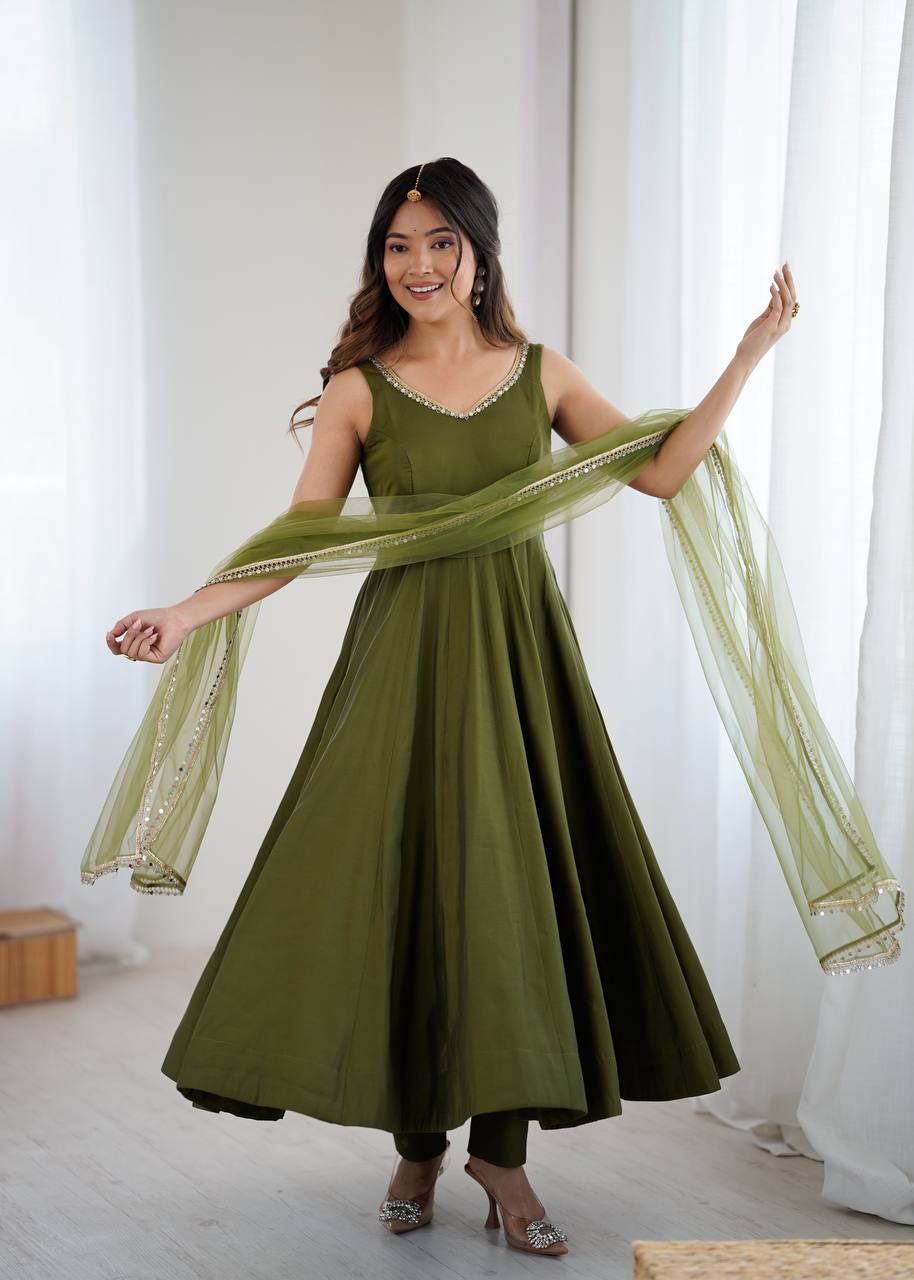 Jasmin Mahendi Color Roman Silk Anarkali Suit With Dupatta
