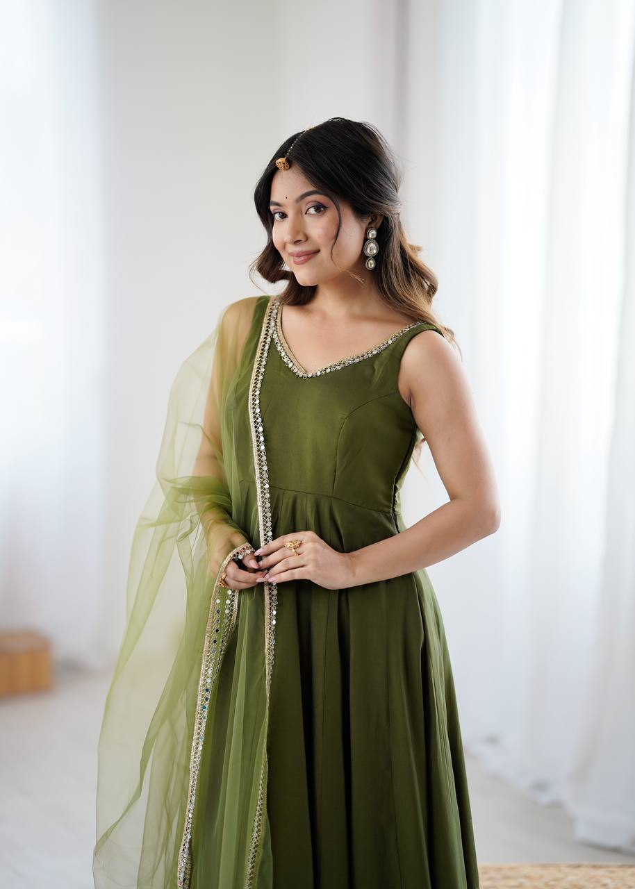 Jasmin Mahendi Color Roman Silk Anarkali Suit With Dupatta